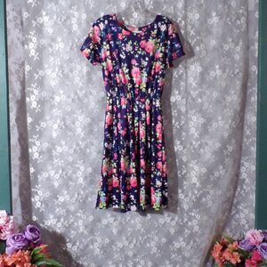 Vintage 80s Dress 1980s Navy Blue Floral Pretty Boho Quirky Twee Size Medium P